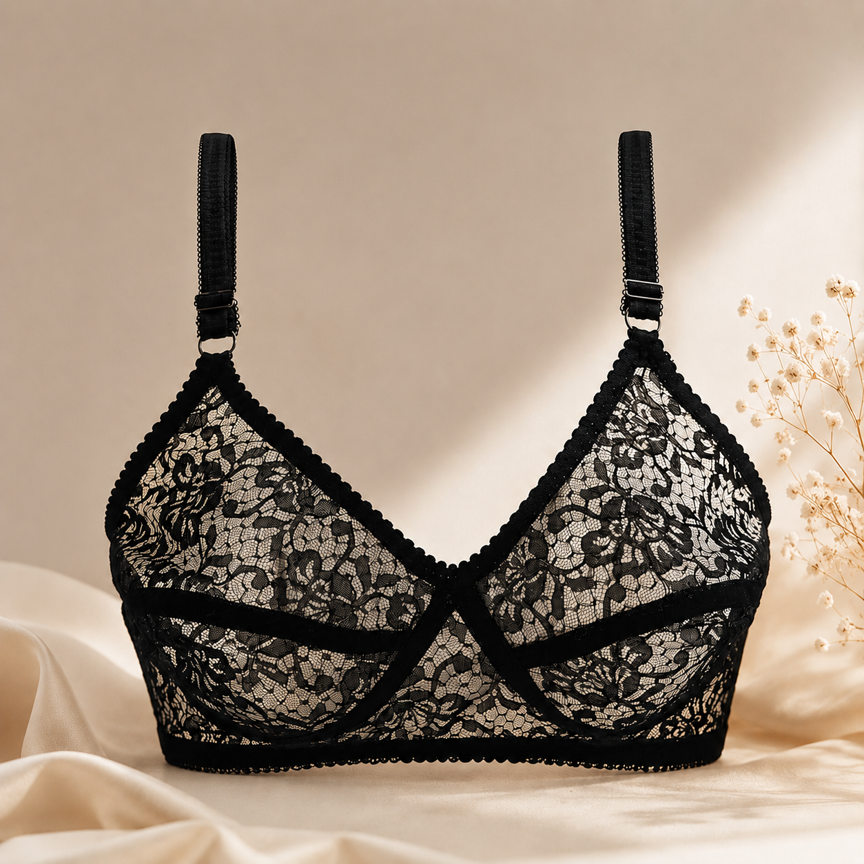 Black Lace Bra, Adjustable Straps, Breathable Net Fabric
