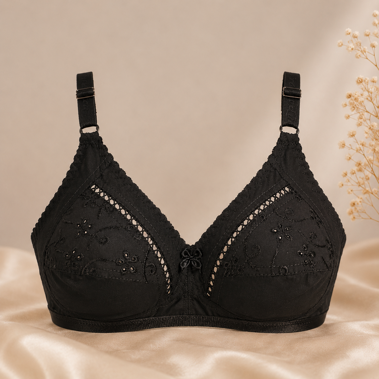 Premium Cotton Chikan Embroidered Bra Slim Fit - Non-Padded - Black