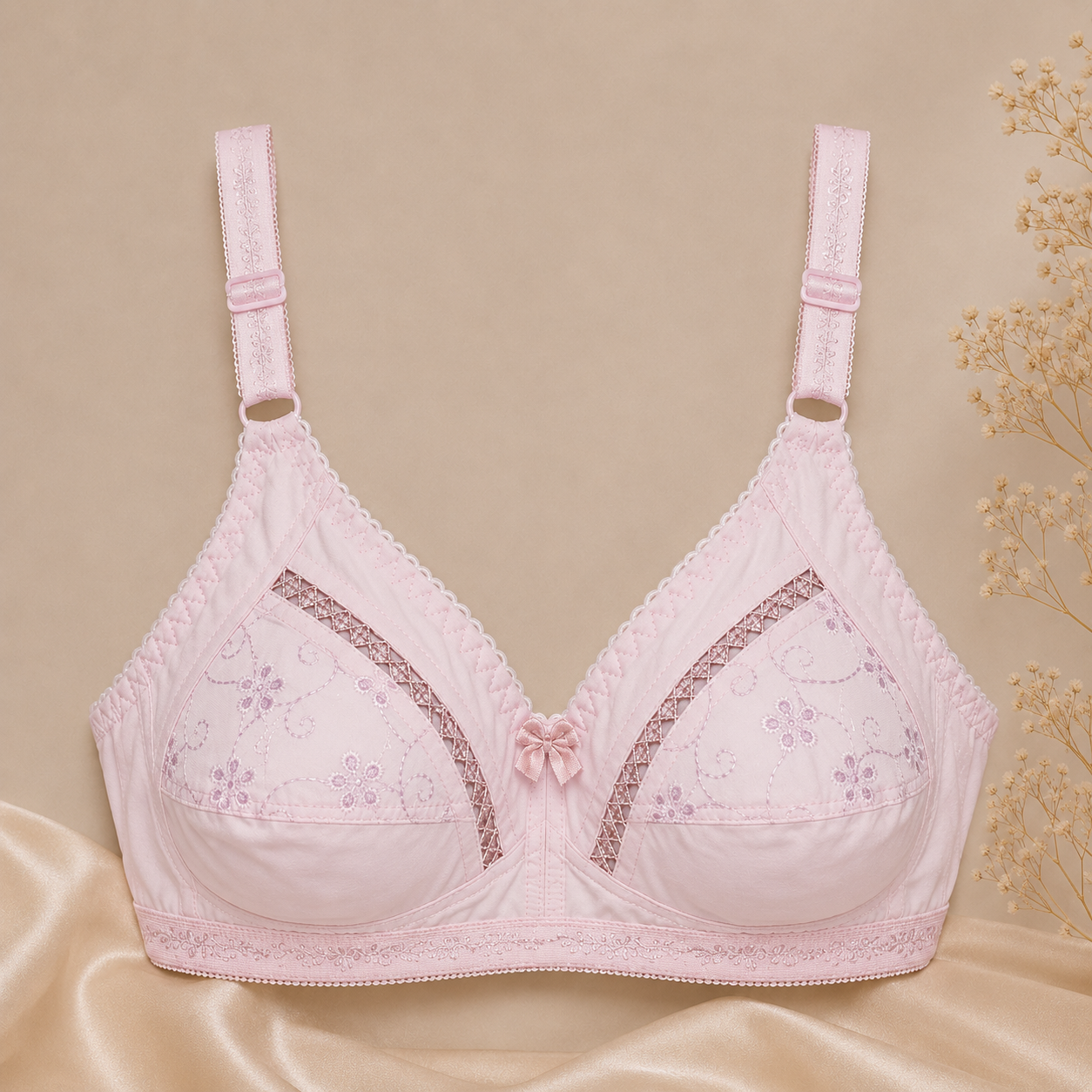 Premium Cotton Chikan Embroidered Bra Slim Fit - Non-Padded - Pink