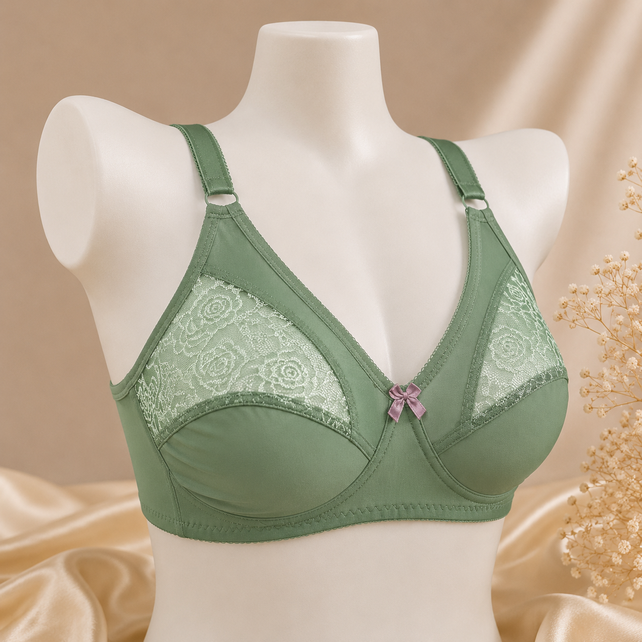 Half-Cup Bra with Lace - Adjustable Straps - Green