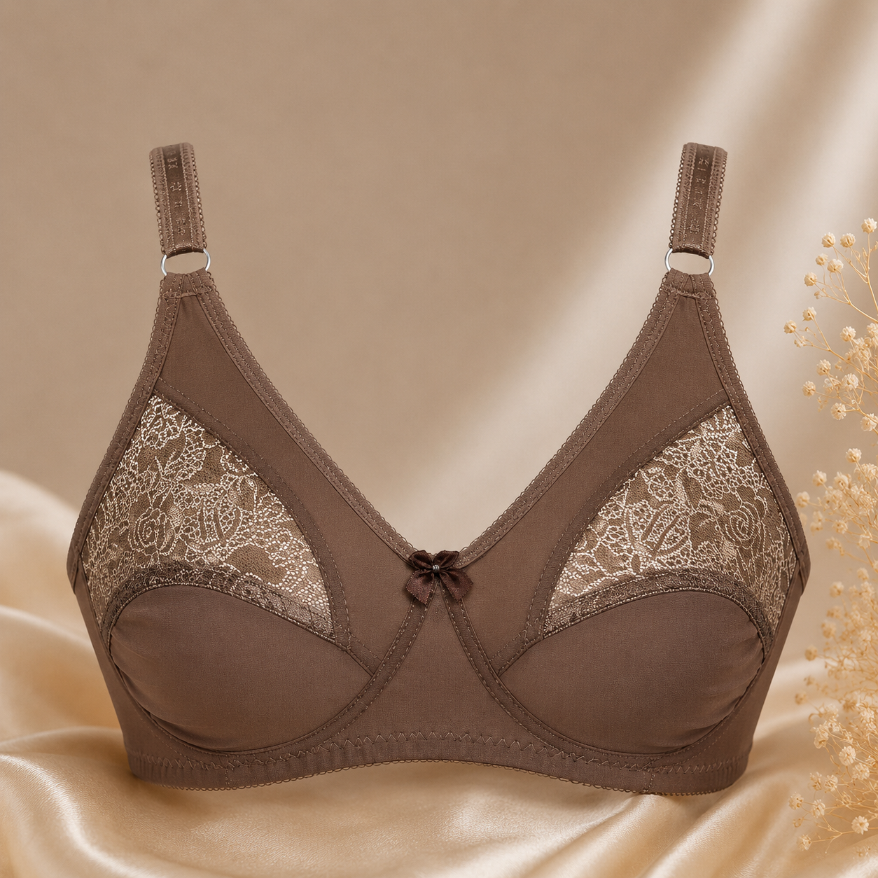 Half-Cup Bra with Lace - Adjustable Straps - Brown
