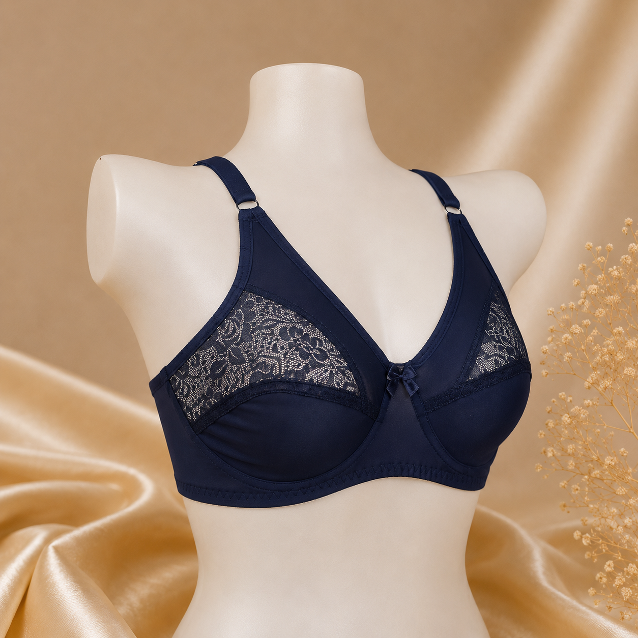 Half-Cup Bra with Lace - Adjustable Straps - Navy Blue