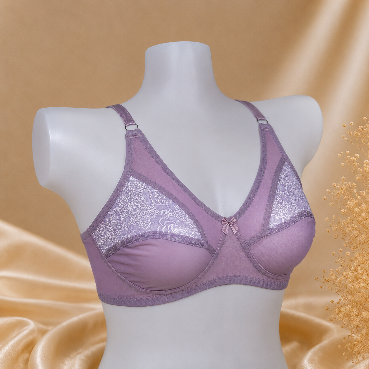 Half-Cup Bra with Lace - Adjustable Straps - Pink