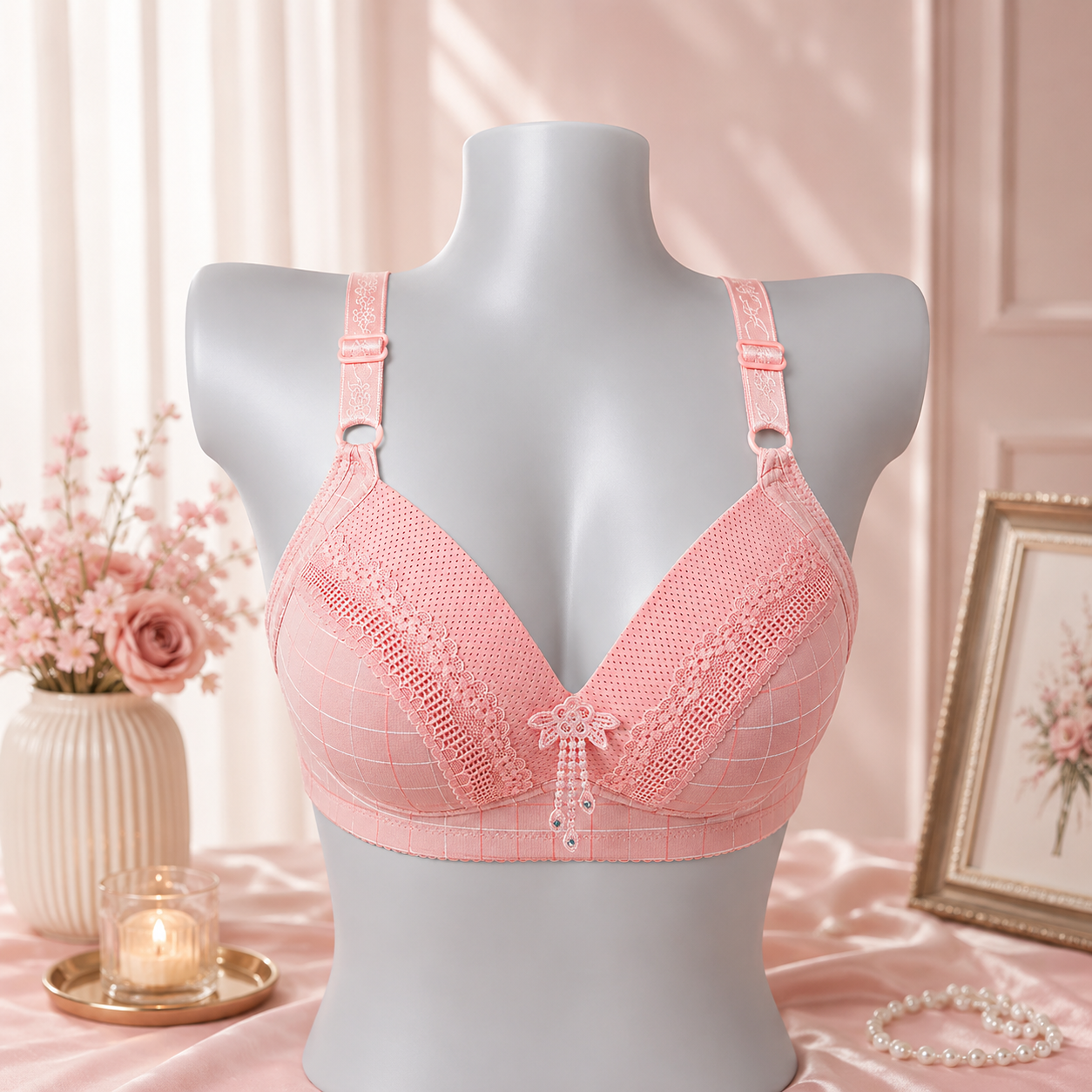 Elegant Lace Bra for Women Plus Size - Shrimp Powder