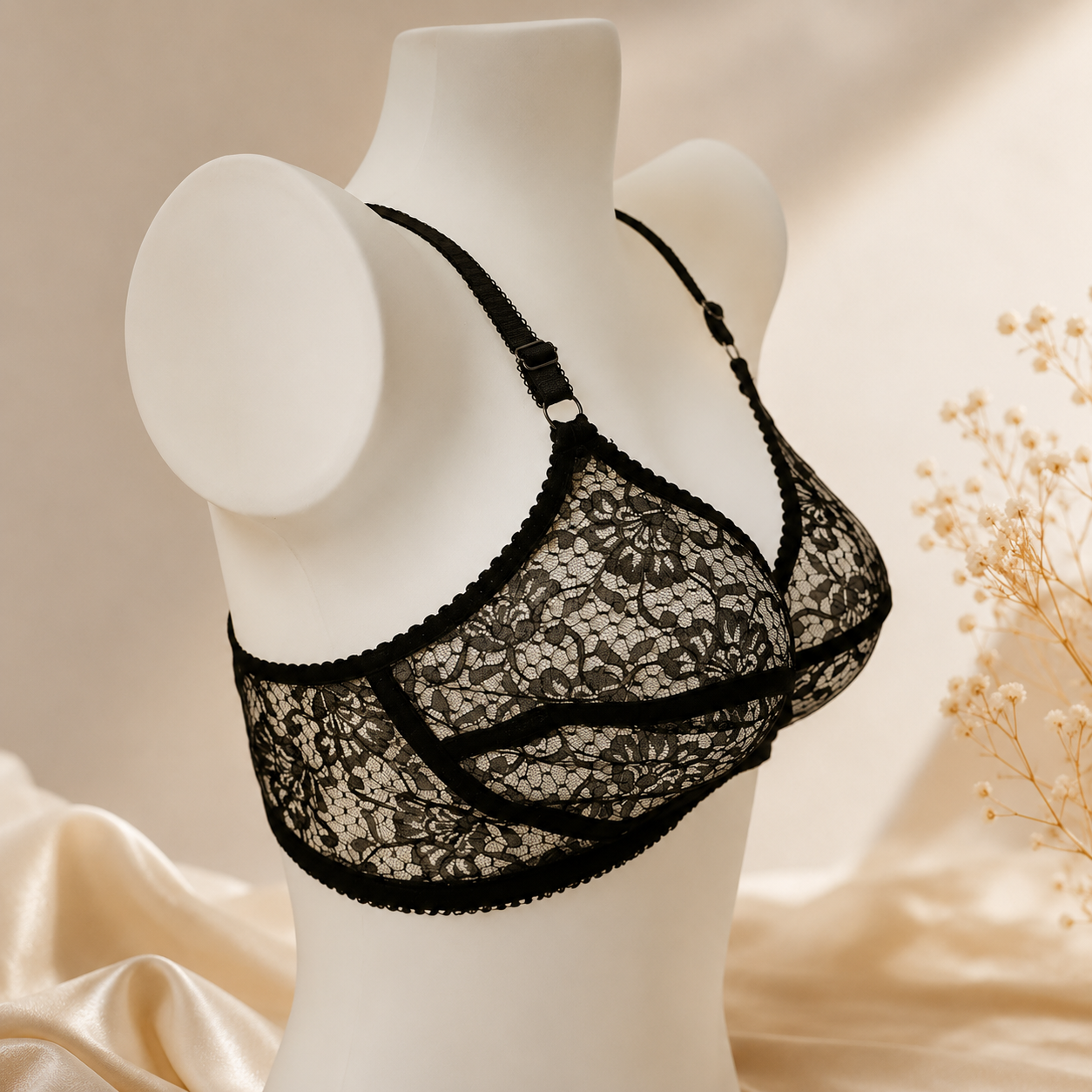 Black Lace Bra, Adjustable Straps, Breathable Net Fabric