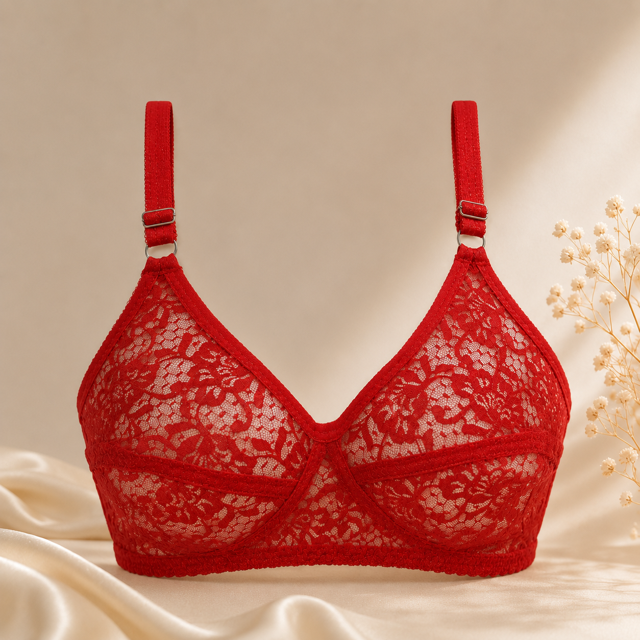 Red Lace Bra, Adjustable Straps, Breathable Net Fabric