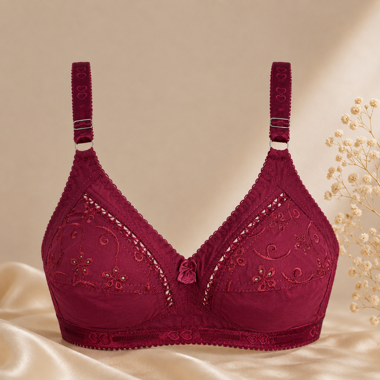 Premium Cotton Chikan Embroidered Bra Slim Fit - Non-Padded - Maroon