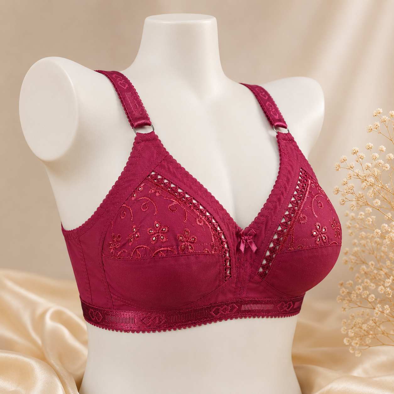 Premium Cotton Chikan Embroidered Bra Slim Fit - Non-Padded - Maroon