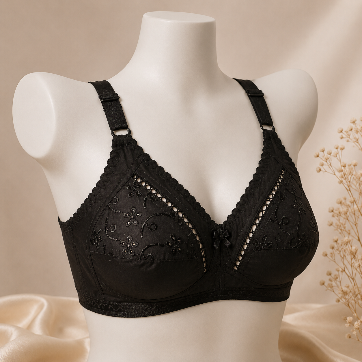 Premium Cotton Chikan Embroidered Bra Slim Fit - Non-Padded - Black