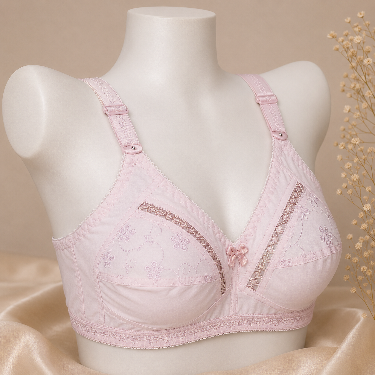 Premium Cotton Chikan Embroidered Bra Slim Fit - Non-Padded - Pink