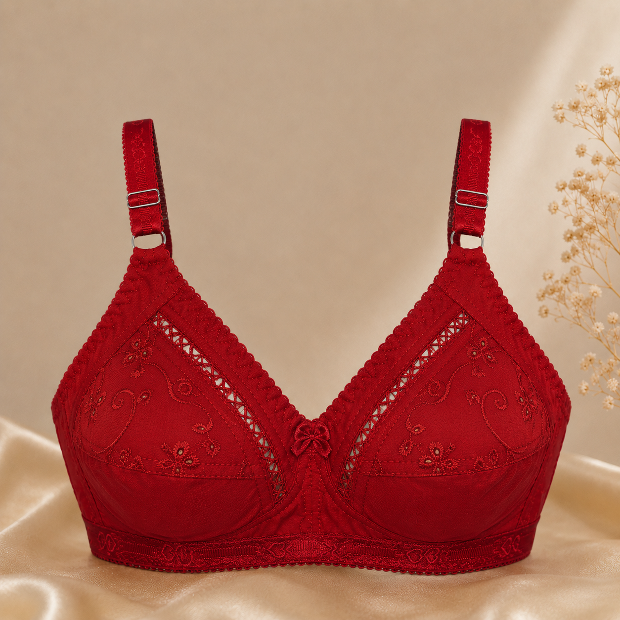 Premium Cotton Chikan Embroidered Bra Slim Fit - Non-Padded - Red