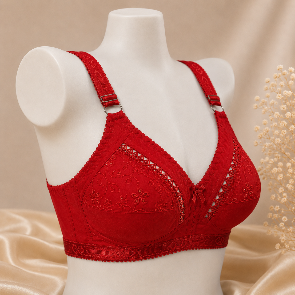 Premium Cotton Chikan Embroidered Bra Slim Fit - Non-Padded - Red