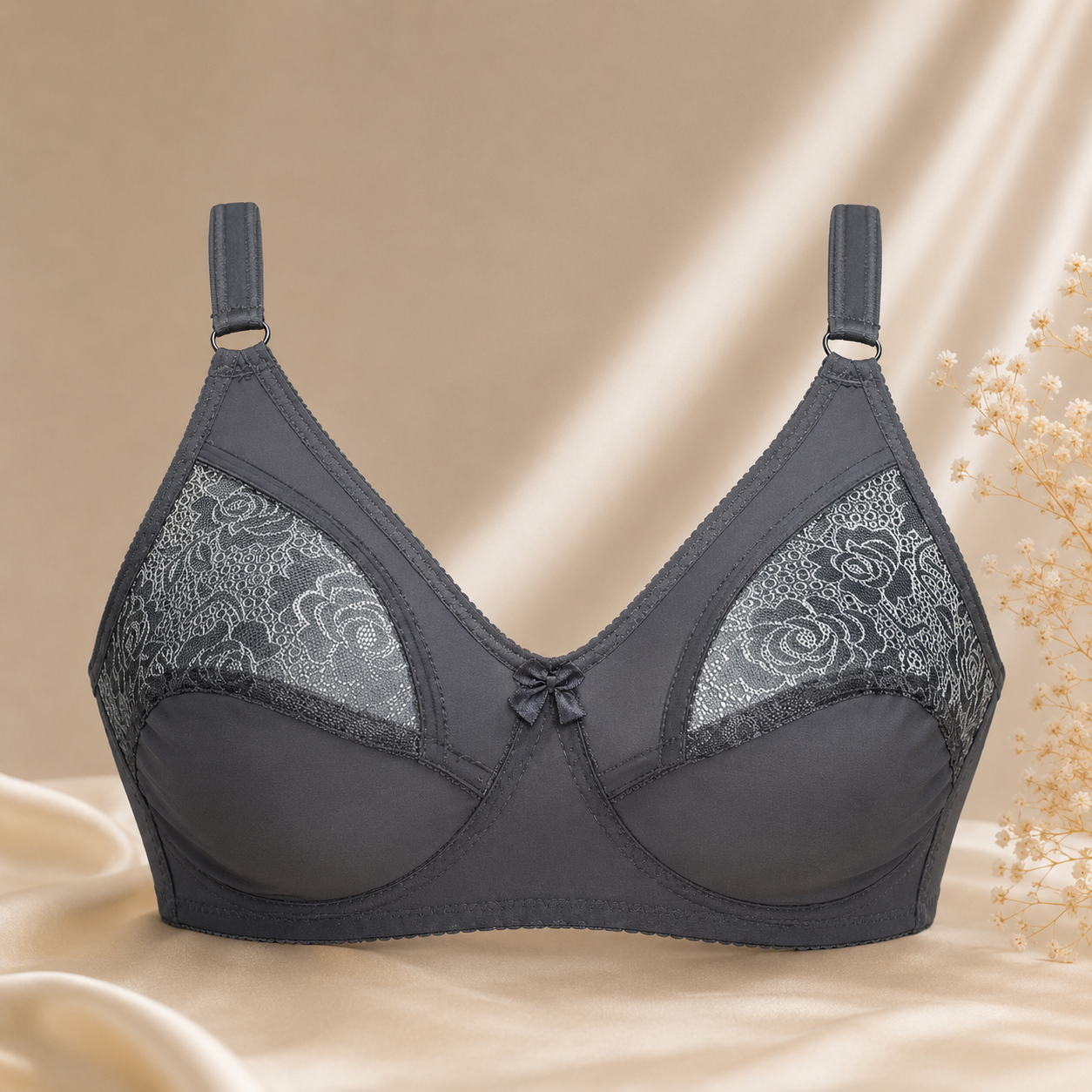 Half-Cup Bra with Lace - Adjustable Straps - Grey