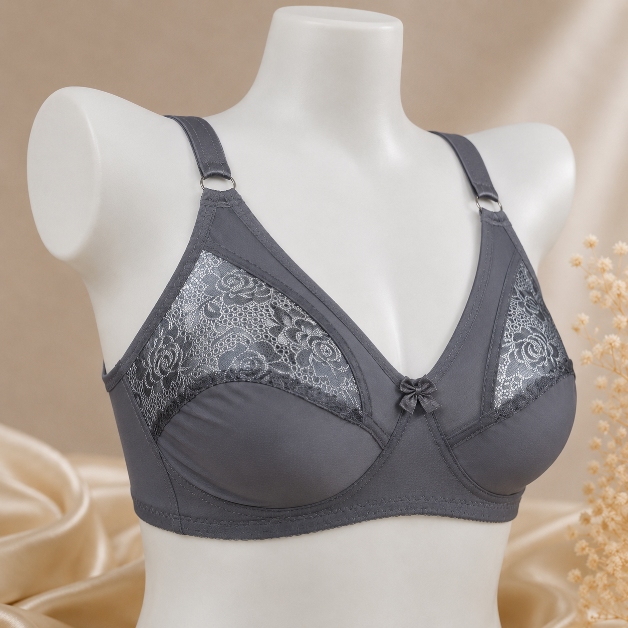 Half-Cup Bra with Lace - Adjustable Straps - Grey