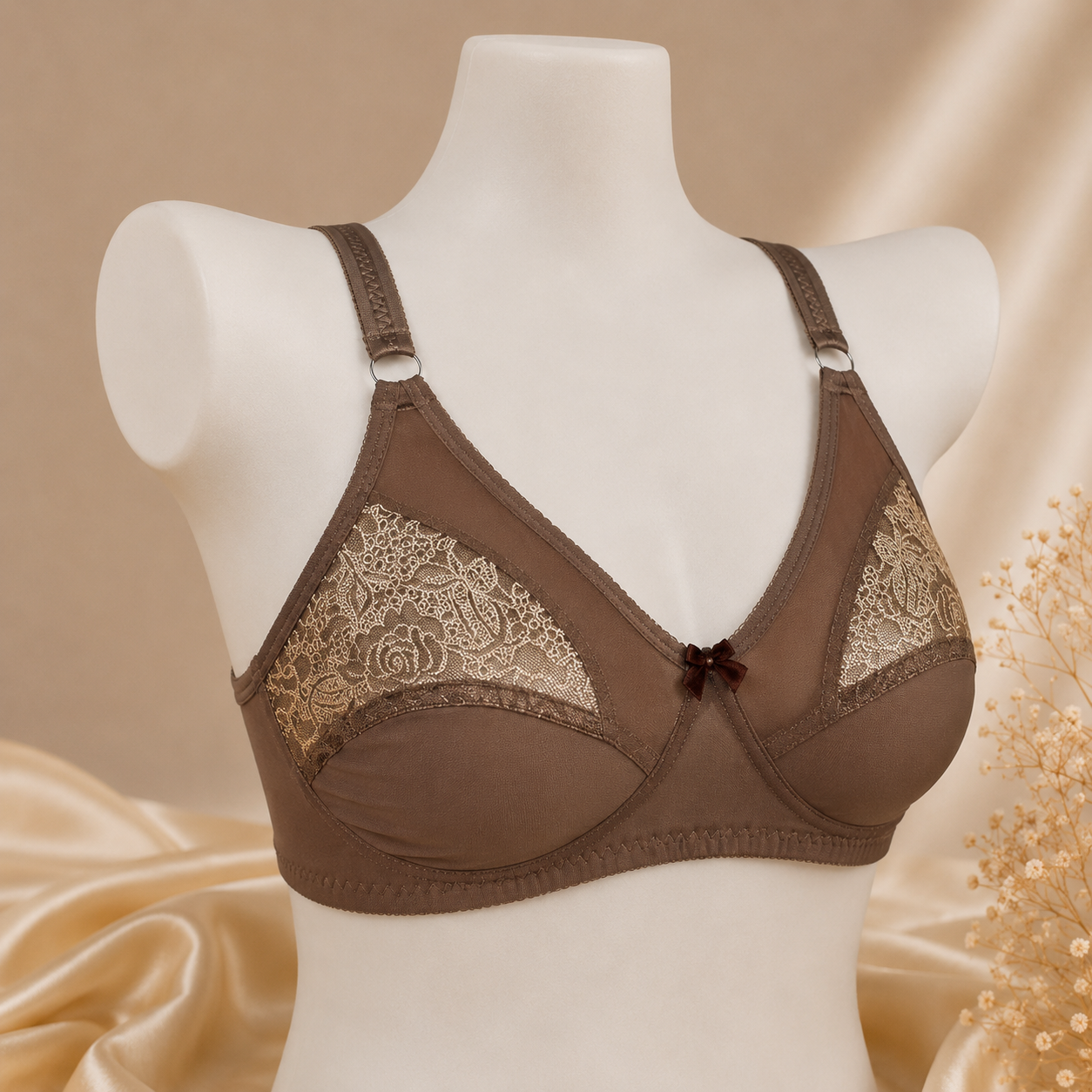 Half-Cup Bra with Lace - Adjustable Straps - Brown